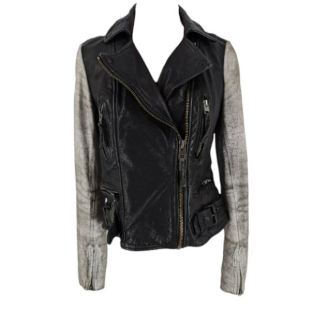All Saints black albany biker leather jacket size 4